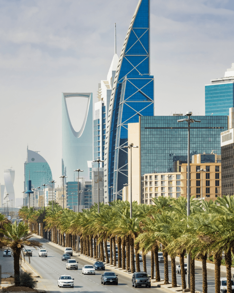 Riyadh’s rapidly expanding infrastructure, showcasing modern skyscrapers, high-rise business hubs, and well-planned roads, reflecting Saudi Arabia’s economic growth and investment-friendly environment.